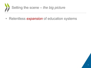 • Relentless expansion of education systems
Setting the scene – the big picture
3
 