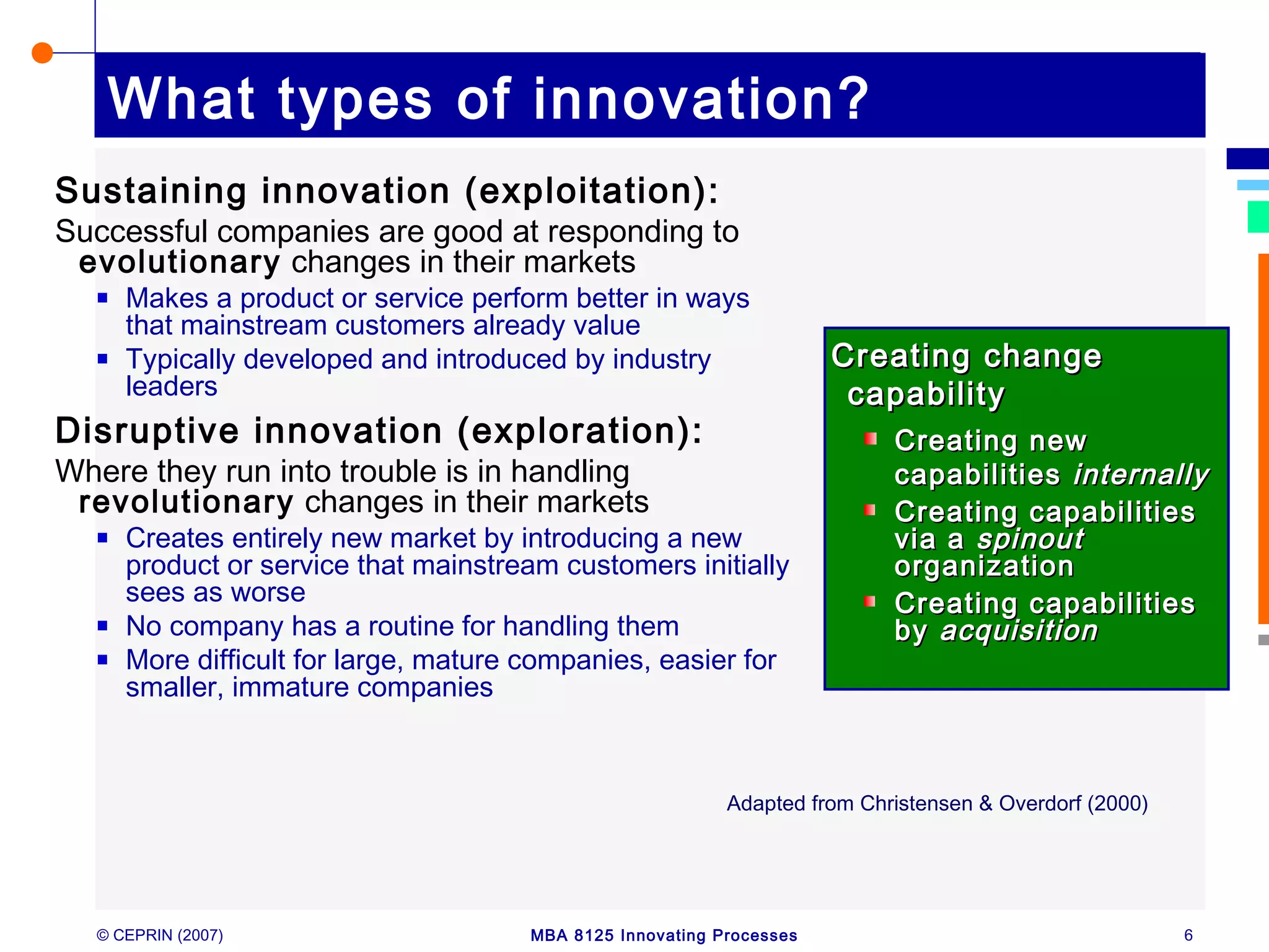 © CEPRIN (2007) MBA 8125 Innovating Processes 6
What types of innovation?
Sustaining innovation (exploitation):
Successful companies are good at responding to
evolutionary changes in their markets
Makes a product or service perform better in ways
that mainstream customers already value
Typically developed and introduced by industry
leaders
Disruptive innovation (exploration):
Where they run into trouble is in handling
revolutionary changes in their markets
Creates entirely new market by introducing a new
product or service that mainstream customers initially
sees as worse
No company has a routine for handling them
More difficult for large, mature companies, easier for
smaller, immature companies
Creating changeCreating change
capabilitycapability
Creating newCreating new
capabilitiescapabilities internallyinternally
Creating capabilitiesCreating capabilities
via avia a spinoutspinout
organizationorganization
Creating capabilitiesCreating capabilities
byby acquisitionacquisition
Adapted from Christensen & Overdorf (2000)
 