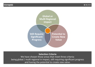Selec&on	Criteria	
We	have	chosen	those	areas	that	meet	three	criteria:		
being	global	/	mul5	regional	in	impact,	s5ll	req...