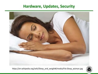 Hardware, Updates, Security
11
https://en.wikipedia.org/wiki/Sleep_and_weight#/media/File:Sleep_woman.jpg
 