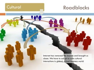 Roadblocks

Internet has removed the bounds and brought us
closer. We have to adapt to cross cultural
interactions in global, virtual business world

 