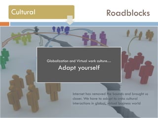 Roadblocks

Globalization and Virtual work culture…

Adapt yourself

Internet has removed the bounds and brought us
closer. We have to adapt to cross cultural
interactions in global, virtual business world

 