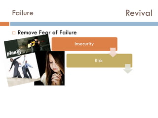 Revival

Failure


Remove Fear of Failure
Insecurity
Risk

 