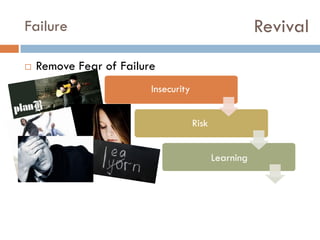Revival

Failure


Remove Fear of Failure
Insecurity
Risk
Learning

 