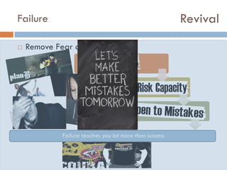 Revival

Failure


Remove Fear of Failure
Insecurity
Risk
Learning
Failure teaches you lot more than success

 