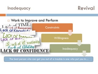 Revival

Inadequacy


Work to Improve and Perform
Constraints
Willingness
Inadequacy

The best person who can get you out of a trouble is one who put you in…

 