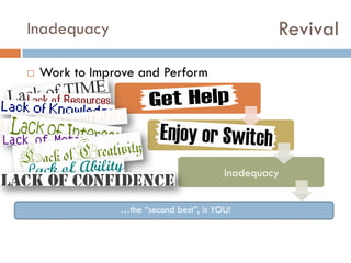 Revival

Inadequacy


Work to Improve and Perform
Constraints
Willingness
Inadequacy
…the “second best”, is YOU!

 