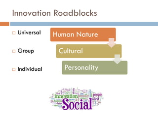 Innovation Roadblocks


Universal



Group



Individual

Human Nature
Cultural

Personality

 