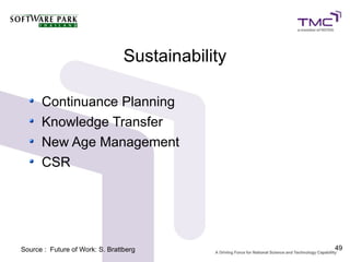 Sustainability

      Continuance Planning
      Knowledge Transfer
      New Age Management
      CSR




Source : Future of Work: S. Brattberg             49
 