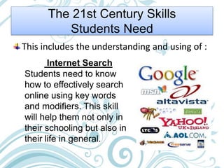 The 21st Century Skills
Students Need
This includes the understanding and using of :
Internet Search
Students need to know
how to effectively search
online using key words
and modifiers. This skill
will help them not only in
their schooling but also in
their life in general.
 
