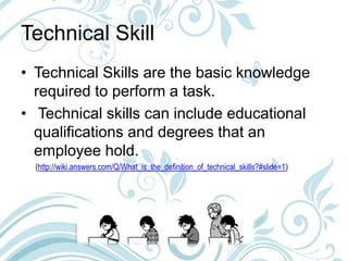 Technical Skill
• Technical Skills are the basic knowledge
required to perform a task.
• Technical skills can include educational
qualifications and degrees that an
employee hold.
(http://wiki.answers.com/Q/What_is_the_definition_of_technical_skills?#slide=1)
 