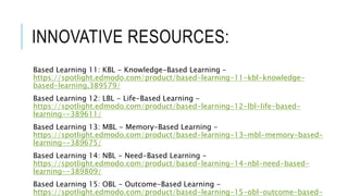 INNOVATIVE RESOURCES:
Based Learning 11: KBL - Knowledge-Based Learning -
https://spotlight.edmodo.com/product/based-learning-11-kbl-knowledge-
based-learning,389579/
Based Learning 12: LBL - Life-Based Learning -
https://spotlight.edmodo.com/product/based-learning-12-lbl-life-based-
learning--389611/
Based Learning 13: MBL - Memory-Based Learning -
https://spotlight.edmodo.com/product/based-learning-13-mbl-memory-based-
learning--389675/
Based Learning 14: NBL - Need-Based Learning -
https://spotlight.edmodo.com/product/based-learning-14-nbl-need-based-
learning--389809/
Based Learning 15: OBL - Outcome-Based Learning -
https://spotlight.edmodo.com/product/based-learning-15-obl-outcome-based-
 