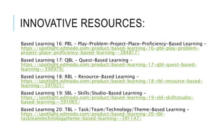 INNOVATIVE RESOURCES:
Based Learning 16: PBL - Play-Problem-Project-Place-Proficiency-Based Learning -
https://spotlight.edmodo.com/product/based-learning-16-pbl-play-problem-
project-place-proficiency-based-learning--384817/
Based Learning 17: QBL - Quest-Based Learning -
https://spotlight.edmodo.com/product/based-learning-17-qbl-quest-based-
learning--390979/
Based Learning 18: RBL - Resource-Based Learning -
https://spotlight.edmodo.com/product/based-learning-18-rbl-resource-based-
learning--391021/
Based Learning 19: SBL - Skills/Studio-Based Learning -
https://spotlight.edmodo.com/product/based-learning-19-sbl-skillsstudio-
based-learning--391065/
Based Learning 20: TBL - Task/Team/Technology/Theme-Based Learning -
https://spotlight.edmodo.com/product/based-learning-20-tbl-
taskteamtechnologytheme-based-learning--391147/
 