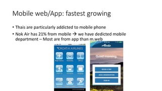 Mobile web/App: fastest growing
• Thais are particularly addicted to mobile phone
• Nok Air has 21% from mobile  we have dedicted mobile
department – Most are from app than m.web
 
