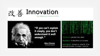 # Innovation# InnovationDes idées pour innover en 2018
Créativité : générer des idées
Invention : matérialiser un concept
Innovation : trouver un marché € au
concept (produit / concept / service)
 