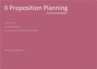II Proposition Planning
1. Macro Process
2. Subprocess definition
3. Comments about AS-IS to SHOULD-BE changes
Contact: grondon@gmail.com
A SHOULD BE MODEL
 
