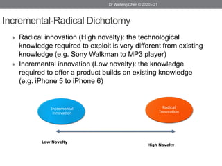 Dr Weifeng Chen © 2020 - 21
Incremental-Radical Dichotomy
 Radical innovation (High novelty): the technological
knowledge required to exploit is very different from existing
knowledge (e.g. Sony Walkman to MP3 player)
 Incremental innovation (Low novelty): the knowledge
required to offer a product builds on existing knowledge
(e.g. iPhone 5 to iPhone 6)
Incremental
innovation
Radical
Innovation
Low Novelty
High Novelty
 