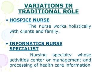 VARIATIONS IN
TRADITIONAL ROLE
• HOSPICE NURSE
The nurse works holistically
with clients and family.
• INFORMATICS NURSE
SPECIALIST
Nursing specialty whose
activities center or management and
processing of health care information
 