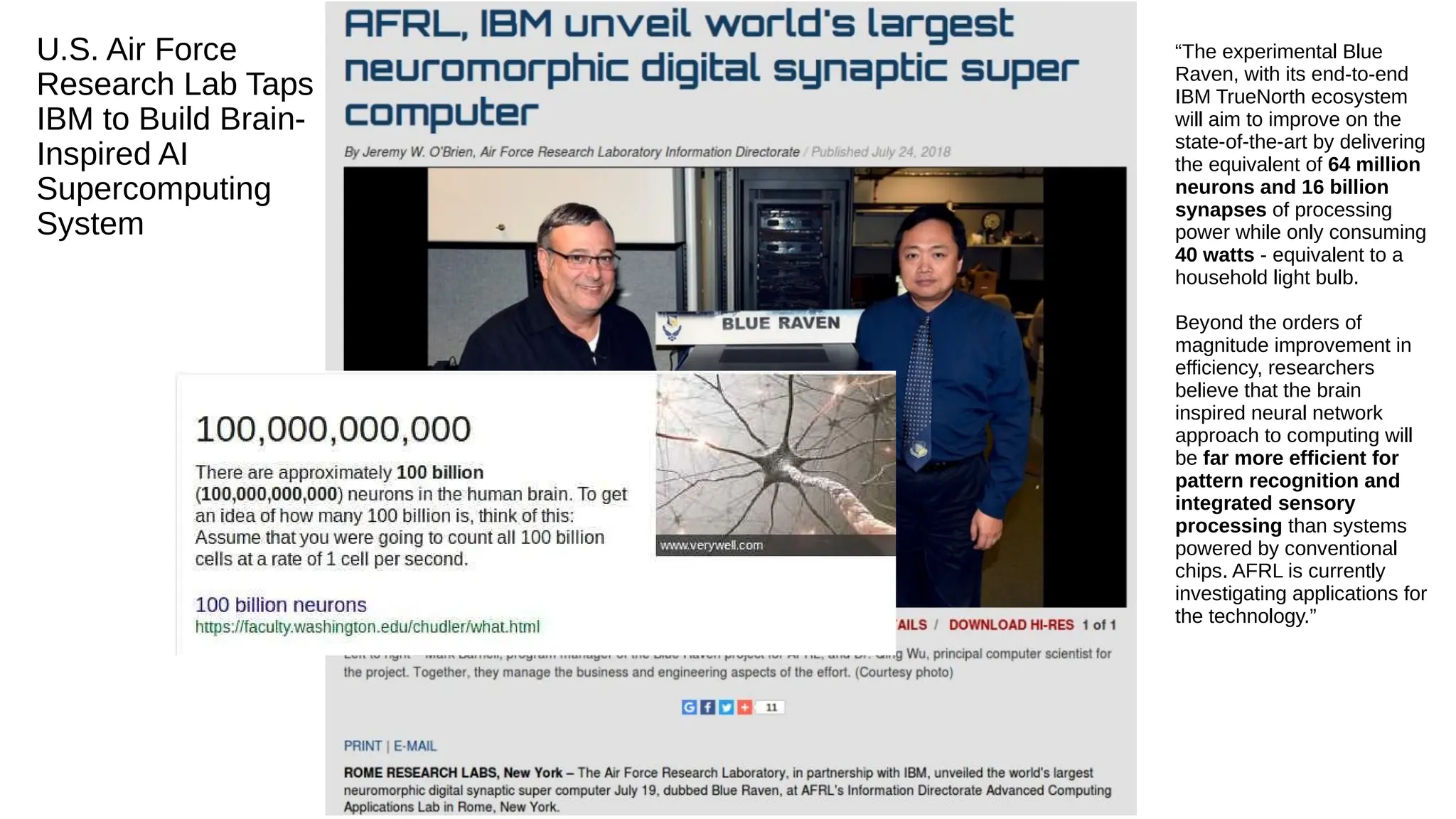 U.S. Air Force
Research Lab Taps
IBM to Build Brain-
Inspired AI
Supercomputing
System
“The experimental Blue
Raven, with its end-to-end
IBM TrueNorth ecosystem
will aim to improve on the
state-of-the-art by delivering
the equivalent of 64 million
neurons and 16 billion
synapses of processing
power while only consuming
40 watts - equivalent to a
household light bulb.
Beyond the orders of
magnitude improvement in
efficiency, researchers
believe that the brain
inspired neural network
approach to computing will
be far more efficient for
pattern recognition and
integrated sensory
processing than systems
powered by conventional
chips. AFRL is currently
investigating applications for
the technology.”
 