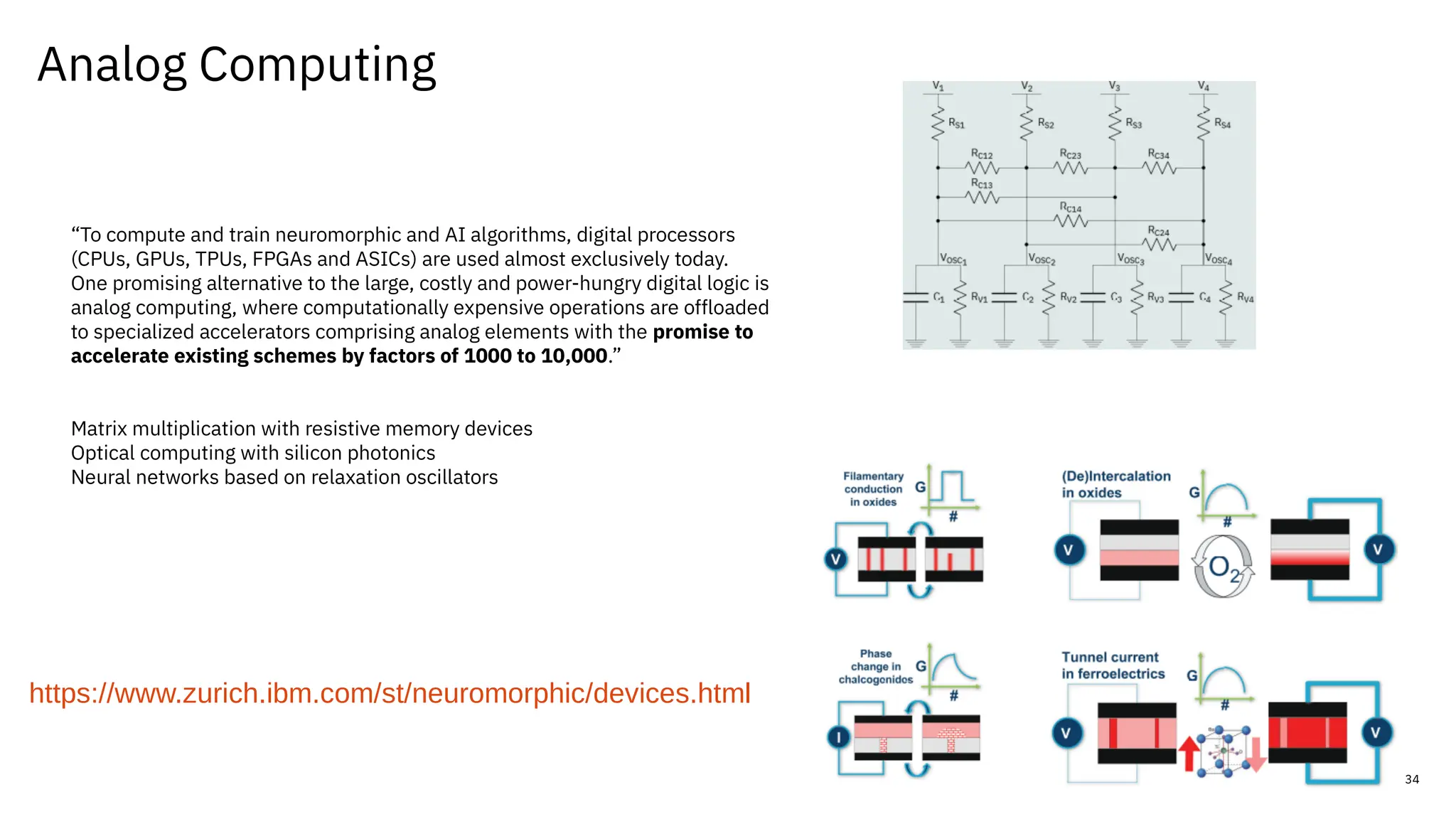 Analog Computing
34
“To compute and train neuromorphic and AI algorithms, digital processors
(CPUs, GPUs, TPUs, FPGAs and ASICs) are used almost exclusively today.
One promising alternative to the large, costly and power-hungry digital logic is
analog computing, where computationally expensive operations are offloaded
to specialized accelerators comprising analog elements with the promise to
accelerate existing schemes by factors of 1000 to 10,000.”
Matrix multiplication with resistive memory devices
Optical computing with silicon photonics
Neural networks based on relaxation oscillators
https://www.zurich.ibm.com/st/neuromorphic/devices.html
 