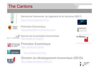 The Cantons                                       © Service des relations industrielles (SRI)
                                                                                      © EPFL




     Service de l’économie, du logement et du tourisme (SELT)
     http://www.economie.vd.ch
     htt //            i d h

     Promotion Economique
     http://www.geneve.ch/promo-eco
                                                                   http://www.dews.ch
                                                                      p
     Service de la promotion économique
     http://www.ne.ch/pren
                                                               http://www.lereseau.ch
                                                               http://www lereseau ch
     Promotion E
     P    ti Economique
                   i
     http://www.jura.ch/eco

       http://www.promfr.ch

     Direction du développement économique (DEVS)
     http://www.business-valais.ch
 