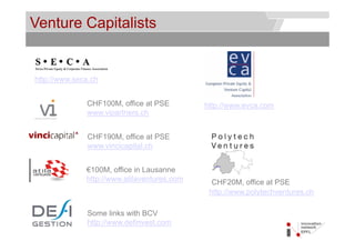 Venture Capitalists                                       © Service des relations industrielles (SRI)
                                                                                              © EPFL




http://www.seca.ch


              CHF100M, office at PSE         http://www.evca.com
              www.vipartners.ch


              CHF190M, office at PSE
              www.vincicapital.ch


              €100M, office in Lausanne
                 p
              http://www.atilaventures.com     CHF20M,
                                               CHF20M office at PSE
                                              http://www.polytechventures.ch

              Some links with BCV
              S       li k ith
              http://www.definvest.com
 