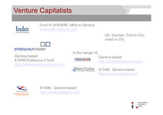 Venture Capitalists                                             © Service des relations industrielles (SRI)
                                                                                                    © EPFL




              Fund IV of €350M, office in Geneva
              www.indexventures.com
                                                         UK, German, French VCs
                                                         invest in CH


                                   is the merger of
Geneva based                                          Geneva based
€160M Endeavour II fund                               http://www.endeavourlp.com
http://www.endeavourvision.com
                                                      €110M, Geneva based
                                                      http://www.visioncap.com



               €100M, Geneva based
               http://www.logispring.com
 