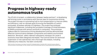 The ATLAS-L4 project, a collaboration between twelve partners*, is developing
self-driving trucks in accordance with German laws for autonomous driving.
The project focuses on automating hub-to-hub transportation to improve safety
and efficiency, with an ultimate goal of proving the feasibility of Level 4
automated, driverless vehicles on highways. The project has achieved
significant milestones, including the successful coverage of initial kilometers
by MAN's prototype with sensors and built-in computers. This prototype
collects data for autonomous driving development and has demonstrated
effective communication between components and realistic environment
detection. Moreover, safety-relevant subsystems necessary for Level 4
autonomy have been designed and tested. The Control Center for technical
supervision is now operational, and a thorough risk analysis, including
cybersecurity measures, has been conducted.
*MAN Truck & Bus, Knorr-Bremse, Leoni, Bosch, Fernride, BTC Embedded Systems, Fraunhofer AISEC, Technical University of Munich,
Technical University of Braunschweig, TÜV SÜD, Autobahn GmbH and the Würzburger Institut für Verkehrswissenschaften (WIVW) GmbH
08
Progress in highway-ready
autonomous trucks
 