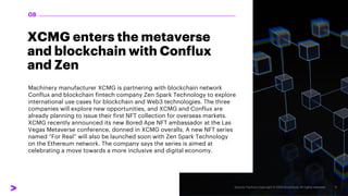 XCMG enters the metaverse
and blockchain with Conflux
and Zen
Machinery manufacturer XCMG is partnering with blockchain network
Conflux and blockchain fintech company Zen Spark Technology to explore
international use cases for blockchain and Web3 technologies. The three
companies will explore new opportunities, and XCMG and Conflux are
already planning to issue their first NFT collection for overseas markets.
XCMG recently announced its new Bored Ape NFT ambassador at the Las
Vegas Metaverse conference, donned in XCMG overalls. A new NFT series
named “For Real” will also be launched soon with Zen Spark Technology
on the Ethereum network. The company says the series is aimed at
celebrating a move towards a more inclusive and digital economy.
08
 