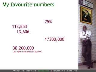 My favourite numbers  75% 1/300,000 30,200,000 Last night it was exact 51.000.000 113,853 13,606 