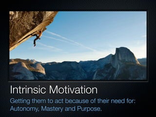 Intrinsic Motivation
Getting them to act because of their need for:
Autonomy, Mastery and Purpose.
 