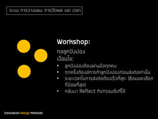Innovation Design Methods
ระบบ การวางแผน การวัดผล และ เวลา
Workshop:
กลลูกปิงปอง
เงื่อนไข:
• ลูกปิงปองต้องผ่านมือทุกคน
• ทุกครั้งต้องมีการกําลูกปิงปองก่อนส่งต่อเท่านั้น
• ระยะเวลาในการส่งต่อต้องเร็วที่สุด (ซ้อมและเลือก
ที่น้อยที่สุด)
• กลับมา Reflect กิจกรรมสิ่งที่ได้
 