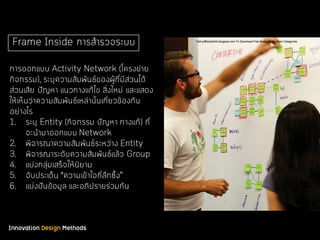 Innovation Design Methods
Frame Inside การสํารวจระบบ
การออกแบบ Activity Network (โครงข่าย
กิจกรรม), ระบุความสัมพันธ์ของผู้ที่มีส่วนได้
ส่วนเสีย ปัญหา แนวทางแก้ไข สิ่งใหม่ และแสดง
ให้เห็นว่าความสัมพันธ์เหล่านั้นเกี่ยวข้องกัน
อย่างไร
1. ระบุ Entity (กิจกรรม ปัญหา ทางแก้) ที่
จะนํามาออกแบบ Network
2. พิจารณาความสัมพันธ์ระหว่าง Entity
3. พิจารณาระดับความสัมพันธ์แล้ว Group
4. แบ่งกลุ่มเสร็จให้นิยาม
5. จับประเด็น “ความเข้าใจที่ลึกซึ้ง”
6. แบ่งปันข้อมูล และอภิปรายร่วมกัน
 