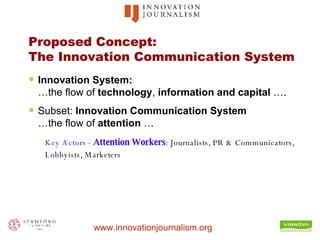 Proposed Concept: The Innovation Communication System Innovation System:   …the flow of  technology ,  information and capital  …. Subset:  Innovation Communication System …the flow of  attention  … Key Actors -  Attention Workers : Journalists, PR & Communicators, Lobbyists, Marketers 