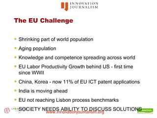 The EU Challenge Shrinking part of world population Aging population Knowledge and competence spreading across world EU Labor Productivity Growth behind US - first time since WWII China, Korea - now 11% of EU ICT patent applications India is moving ahead EU not reaching Lisbon process benchmarks SOCIETY NEEDS ABILITY TO DISCUSS SOLUTIONS  