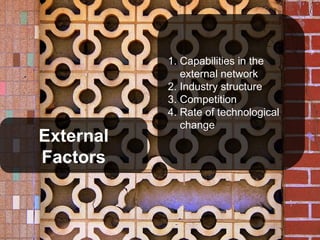 1. Capabilities in the
              external network
           2. Industry structure
           3. Competition
           4. Rate of technological
              change
External
Factors
 