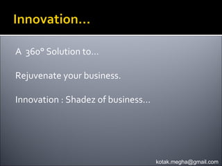 A 360° Solution to…

Rejuvenate your business.

Innovation : Shadez of business…




                                   kotak.megha@gmail.com
 
