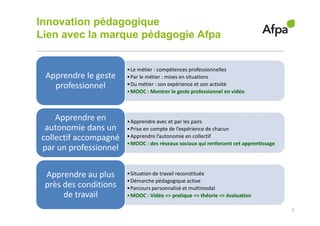 3
•Le métier : compétences professionnelles
•Par le métier : mises en situations
•Du métier : son expérience et son activité
•MOOC : Montrer le geste professionnel en vidéo
Apprendre le geste
professionnel
•Apprendre avec et par les pairs
•Prise en compte de l’expérience de chacun
•Apprendre l’autonomie en collectif
•MOOC : des réseaux sociaux qui renforcent cet apprentissage
Apprendre en
autonomie dans un
collectif accompagné
par un professionnel
•Situation de travail reconstituée
•Démarche pédagogique active
•Parcours personnalisé et multimodal
•MOOC : Vidéo => pratique => théorie => évaluation
Apprendre au plus
près des conditions
de travail
Innovation pédagogique
Lien avec la marque pédagogie Afpa
 