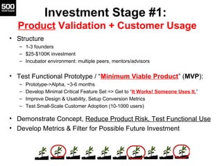 Investment Stage #1:
  Product Validation + Customer Usage
• Structure
   – 1-3 founders
   – $25-$100K investment
   – Incubator environment: multiple peers, mentors/advisors


• Test Functional Prototype / “Minimum Viable Product” (MVP):
   –   Prototype->Alpha, ~3-6 months
   –   Develop Minimal Critical Feature Set => Get to “It Works! Someone Uses It.”
   –   Improve Design & Usability, Setup Conversion Metrics
   –   Test Small-Scale Customer Adoption (10-1000 users)

• Demonstrate Concept, Reduce Product Risk, Test Functional Use
• Develop Metrics & Filter for Possible Future Investment
 