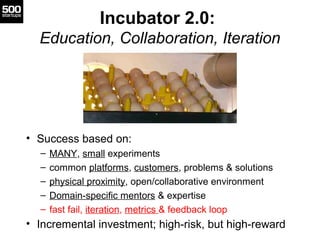 Incubator 2.0:
  Education, Collaboration, Iteration




• Success based on:
  –   MANY, small experiments
  –   common platforms, customers, problems & solutions
  –   physical proximity, open/collaborative environment
  –   Domain-specific mentors & expertise
  –   fast fail, iteration, metrics & feedback loop
• Incremental investment; high-risk, but high-reward
 