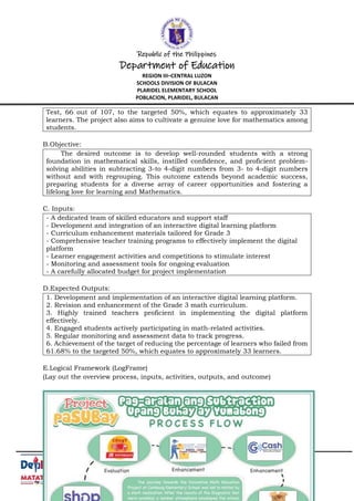 Republic of the Philippines
Department of Education
REGION III–CENTRAL LUZON
SCHOOLS DIVISION OF BULACAN
PLARIDEL ELEMENTARY SCHOOL
POBLACION, PLARIDEL, BULACAN
Address: Purok 3, Cambaog, Bustos, Bulacan
Email Address: 104788@deped.gov.ph
Contact Number: (044) 761-8035
Test, 66 out of 107, to the targeted 50%, which equates to approximately 33
learners. The project also aims to cultivate a genuine love for mathematics among
students.
B.Objective:
The desired outcome is to develop well-rounded students with a strong
foundation in mathematical skills, instilled confidence, and proficient problem-
solving abilities in subtracting 3-to 4-digit numbers from 3- to 4-digit numbers
without and with regrouping. This outcome extends beyond academic success,
preparing students for a diverse array of career opportunities and fostering a
lifelong love for learning and Mathematics.
C. Inputs:
- A dedicated team of skilled educators and support staff
- Development and integration of an interactive digital learning platform
- Curriculum enhancement materials tailored for Grade 3
- Comprehensive teacher training programs to effectively implement the digital
platform
- Learner engagement activities and competitions to stimulate interest
- Monitoring and assessment tools for ongoing evaluation
- A carefully allocated budget for project implementation
D.Expected Outputs:
1. Development and implementation of an interactive digital learning platform.
2. Revision and enhancement of the Grade 3 math curriculum.
3. Highly trained teachers proficient in implementing the digital platform
effectively.
4. Engaged students actively participating in math-related activities.
5. Regular monitoring and assessment data to track progress.
6. Achievement of the target of reducing the percentage of learners who failed from
61.68% to the targeted 50%, which equates to approximately 33 learners.
E.Logical Framework (LogFrame)
(Lay out the overview process, inputs, activities, outputs, and outcome)
 