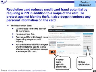 Product Innovation Revolution card reduces credit card fraud potential by requiring a PIN in addition to a swipe of the ca...