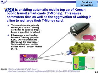 Services Innovation VISA is enabling automatic mobile top up of Korean public transit smart cards (T-Money).  This saves c...