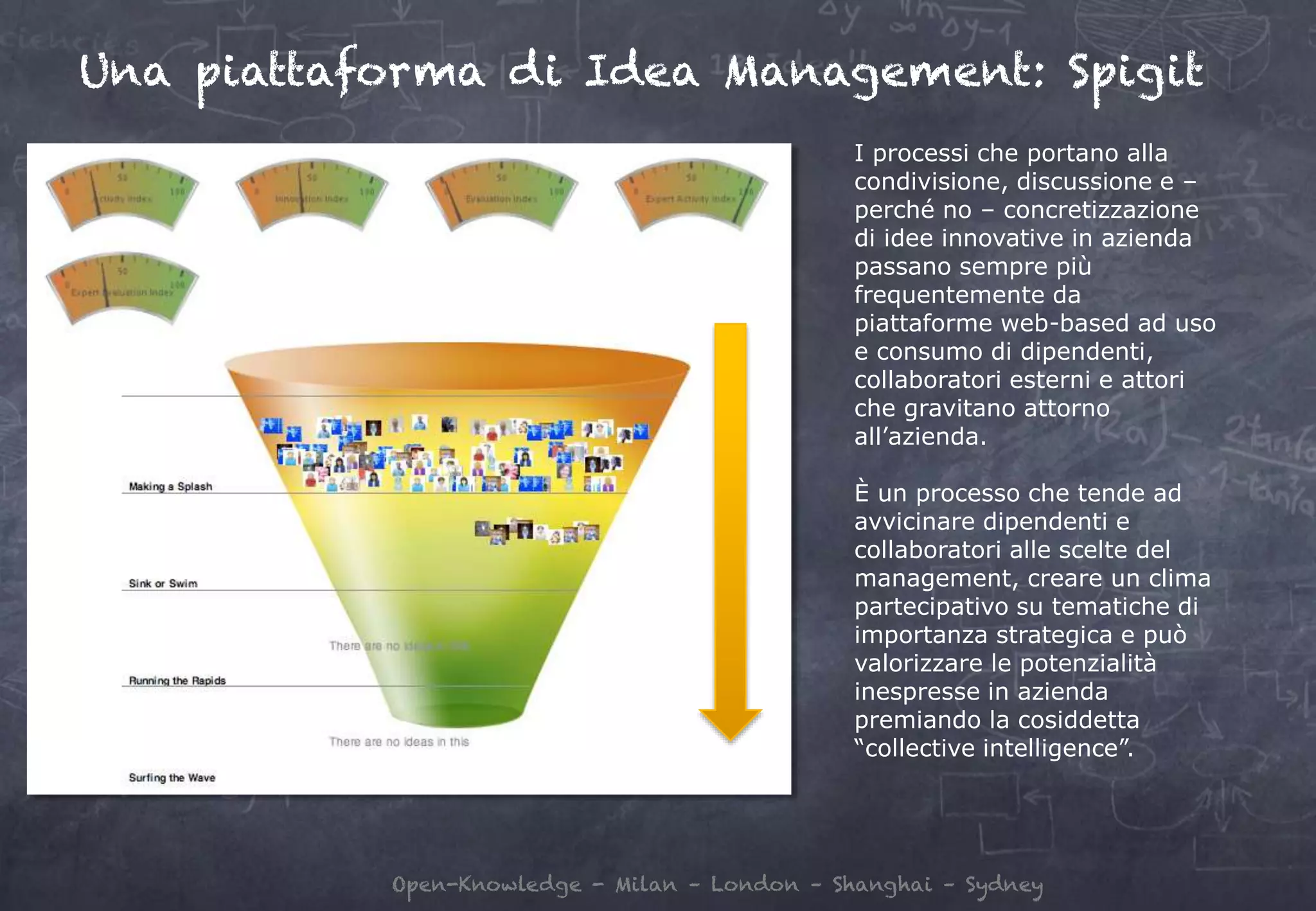 Open-Knowledge - Milan – London – Shanghai – Sydney
Una piattaforma di Idea Management: Spigit
I processi che portano alla
condivisione, discussione e –
perché no – concretizzazione
di idee innovative in azienda
passano sempre più
frequentemente da
piattaforme web-based ad uso
e consumo di dipendenti,
collaboratori esterni e attori
che gravitano attorno
all’azienda.
È un processo che tende ad
avvicinare dipendenti e
collaboratori alle scelte del
management, creare un clima
partecipativo su tematiche di
importanza strategica e può
valorizzare le potenzialità
inespresse in azienda
premiando la cosiddetta
“collective intelligence”.
 