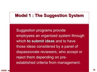 Suggestion programs provide employees an organized system through which  to submit ideas  and to have those ideas considered by a panel of dispassionate reviewers, who accept or reject them depending on pre-established criteria from management.  Model 1 : The Suggestion System 