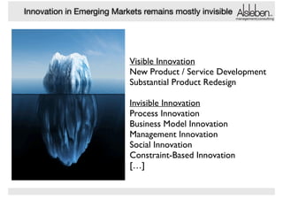 Innovation in Emerging Markets remains mostly invisible
management|consulting

Visible Innovation!
New Product / Service Development!
Substantial Product Redesign!
!

Invisible Innovation!
Process Innovation!
Business Model Innovation!
Management Innovation!
Social Innovation!
Constraint-Based Innovation!
[…]

 