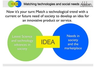 IDEA

Matching technologies and social needs

management|consulting

Now it’s your turn: Match a technological trend with a
current or future need of society to develop an idea for
an innovative product or service.

Latest Science !
and technology !
advances in
society

IDEA

Needs in
society !
and the
marketplace

 