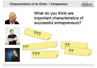 Characteristics of an Entre- / Intrapreneur

management|consulting

What do you think are
important characteristics of
successful entrepreneurs?

???
???

???

??
??

 