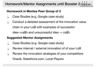 Homework/Mentor Assignments until Booster 2

management|consulting

Homework in Mentee Peer Group of 3
Case Studies (e.g. Google case study) 

Conduct a detailed assessment of the innovation value
chain in your LoB with examples of successful  
idea->ca$h and unsuccessful idea -> ca$h
Suggested Mentor Assignments
Case Studies (e.g. Google case study)

Review internal / external innovation of of your LoB

Review the innovation strategies of your competitors
Oracle, Salesforce.com, Local Players

 