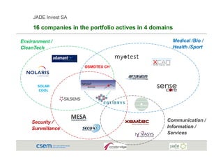 JADE Invest SA

     16 companies in the portfolio actives in 4 domains
                             f

Environment /                                         Medical /Bio /
CleanTech                                             Health /Sport



                       OSMOTEX CH




       SOLAR
       COOL




    Security /                                      Communication /
    Surveillance                                    Information /
                                                    Services
 